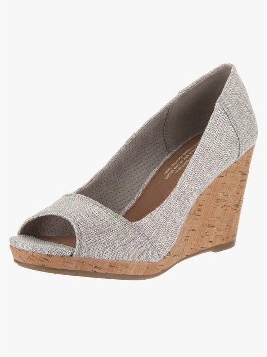 Toms Shoes - TOMS Stella Grey Woven Peep-Toe Wedge